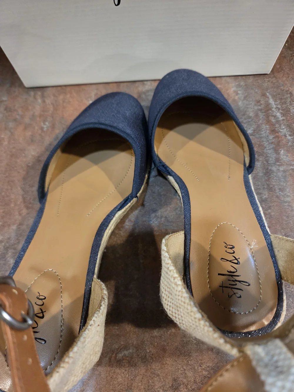 Style & Co. Navy Espadrille Slingback Wedges with Tan Straps